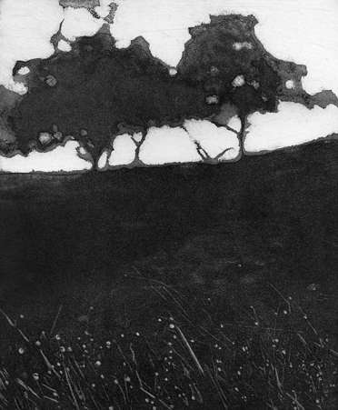 Trees Twilight; Etching and aquatint by Jonathan Owen. A landscape at dawn.